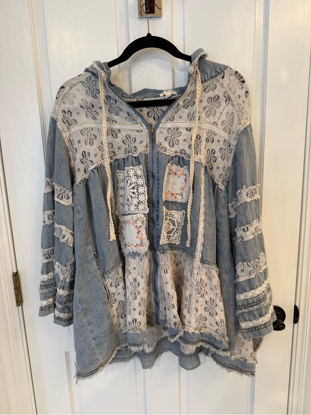 POL Boho Lace-Trim Hooded Denim Jacket - Light Blue
